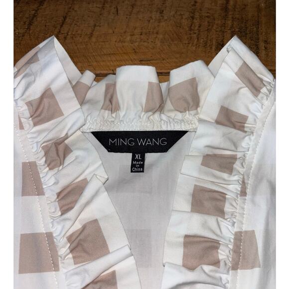 Womens Ming Wang Ruffled Cotton Gingham Blouse Blue‎ Tan 3/4 Sleeve Size XL - Picture 6 of 8
